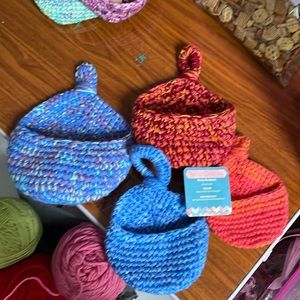 Crocheted baskets, Blue & Red, Handmade by me. You get all 4.